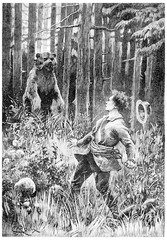 Obraz premium At twenty paces, stood a huge bear, vintage engraving.