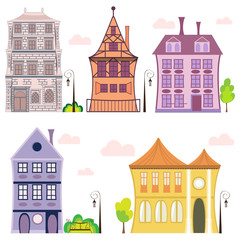 
vector european houses - set of houses in different colours with trees and lanterns isolated on white