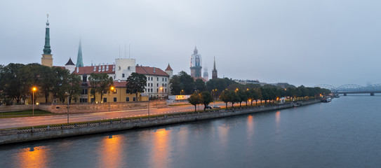 Morning view on old Riga from the central city bridge, Latvia, Europe