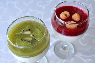 Appetizing and colorful panna cotta in glasses
