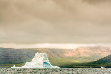 A single ice bergs sits off a green, tundra valley.