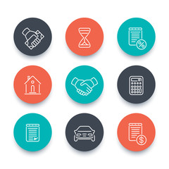 Leasing, banking, loan, lending, line round flat icons, vector illustration