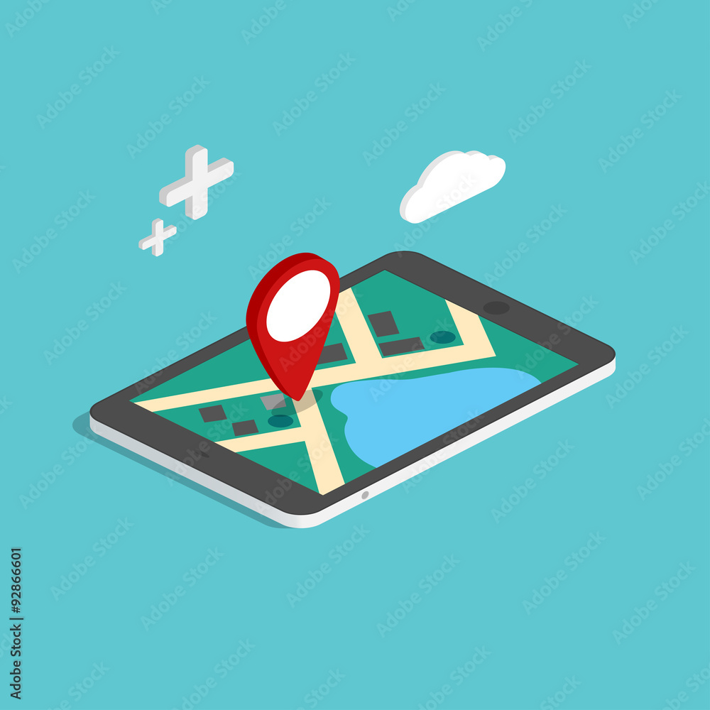 Poster flat 3d isometric mobile navigation maps infographic. paper map