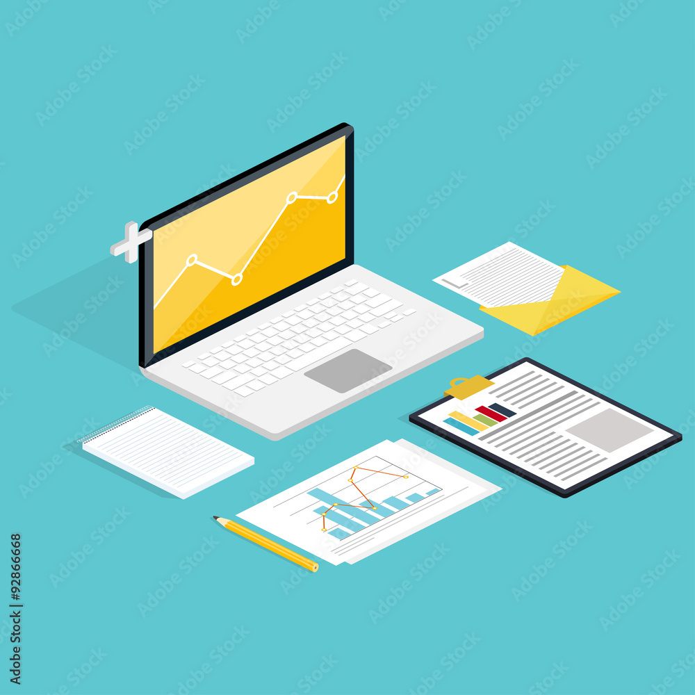 Poster web of analytics process with claptop and development website st