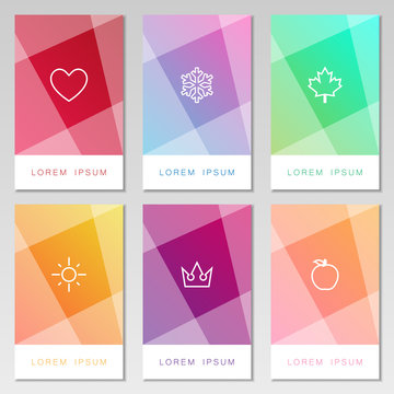 Colorful card template set in different colors like red green peach and purple. Abstract vector collection of seasons with symbols. Banners of love, winter and nature style.