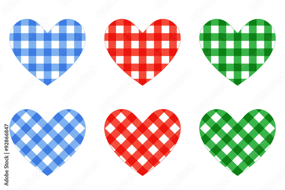 Poster blue, red and green hearts filled with checkered pattern isolated on white. collection of linear and