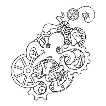 The original illustration of Steampunk octopus with gears and