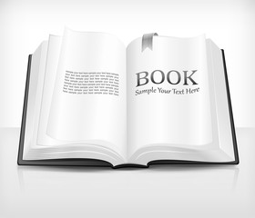 Open realistic book with text on white, illustration