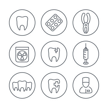 Tooth, dental care, dental pliers, dentist, teeth line icons in circles, vector illustration