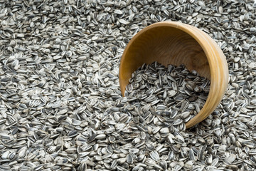 Wooden bowl or cup with striped sunflower seeds turned over on sunflower seed background
