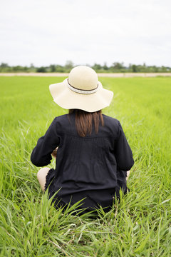 Close up back of Female farmer sitting among rice