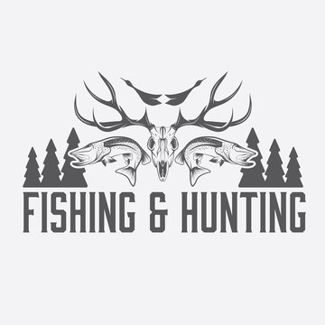 hunting and fishing vintage emblem vector design template