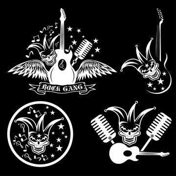 rock gang set with jester skull,wings and guitar