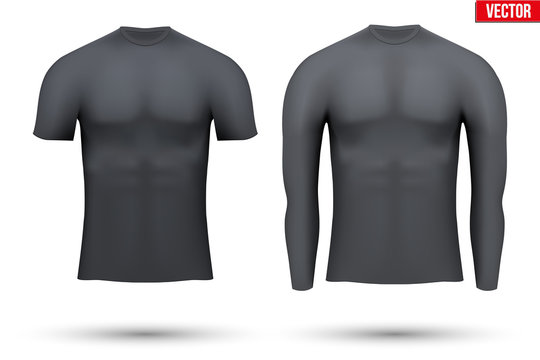 Muscular Man in Black Compression Sportswear on Gray Background