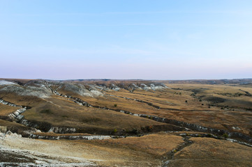 High altitude beautiful  landscape chalk mountains at  sunset. Autumn landscape. Russia. Volgograd region. Natural Park Donskoy.