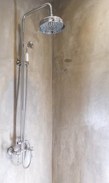 Contemporary Bathroom Shower with dual Shower Heads on old wall concrete