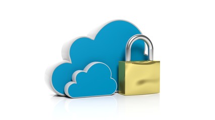 Cloud online storage icons with golden lock, isolated on white
