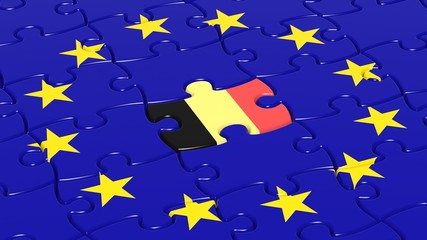 Jigsaw puzzle flag of European Union with Belgium flag piece.