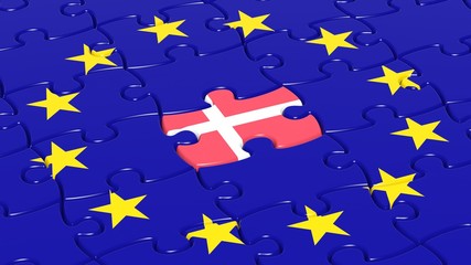 Jigsaw puzzle flag of European Union with Denmark flag piece.