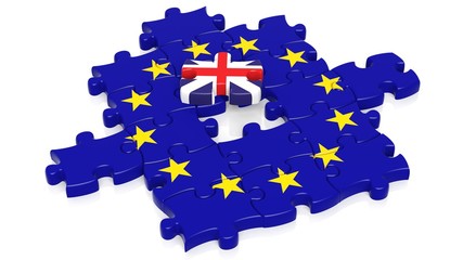 Jigsaw puzzle flag of European Union with United Kingdom flag piece, isolated on white