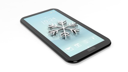 Tablet / smartphone with snowflake symbol, isolated on white. Weather forecast concept.