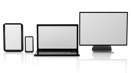 Tablet, laptop, monitor and smartphone templates with black screens, isolated on white background.