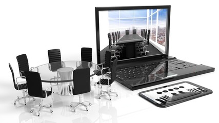Tablet, laptop and round glass meeting table with chairs, isolated on white background.