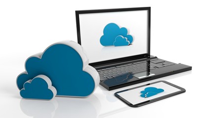 Cloud online storage icons with laptop and tablet, isolated on white