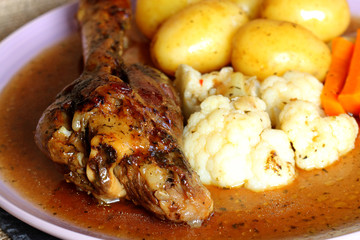 Lamb shank dinner.
Lamb shank dinner with vegetables and a mint gravy.