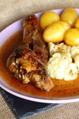 Lamb shank dinner.
Lamb shank dinner with vegetables and a mint gravy.
