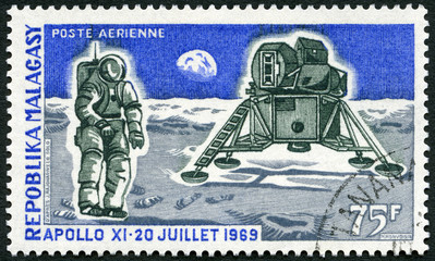 MALAGASY - 1969: Apollo 11 Lunar Landing Module and Man on Moon