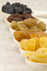Colorful raisins in a wooden spoon