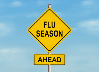 Flu season. Road sign on the sky background. Raster illustration.