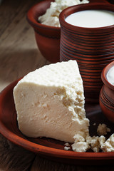 Rural farm dairy products: milk, sheep's cheese, cottage cheese