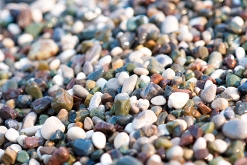 Colorful, wet pebbles on the sea beach.