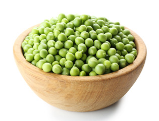 Fresh green peas in bowl isolated on white
