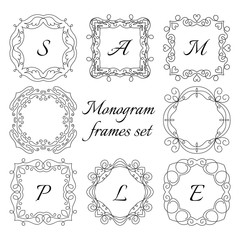 8 monogram frames. Retro style set. Hand drawn ornaments. 