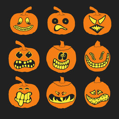 Set of halloween pumpkins with different expressions