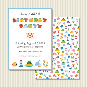 Cute birthday invitation card with sea symbols
