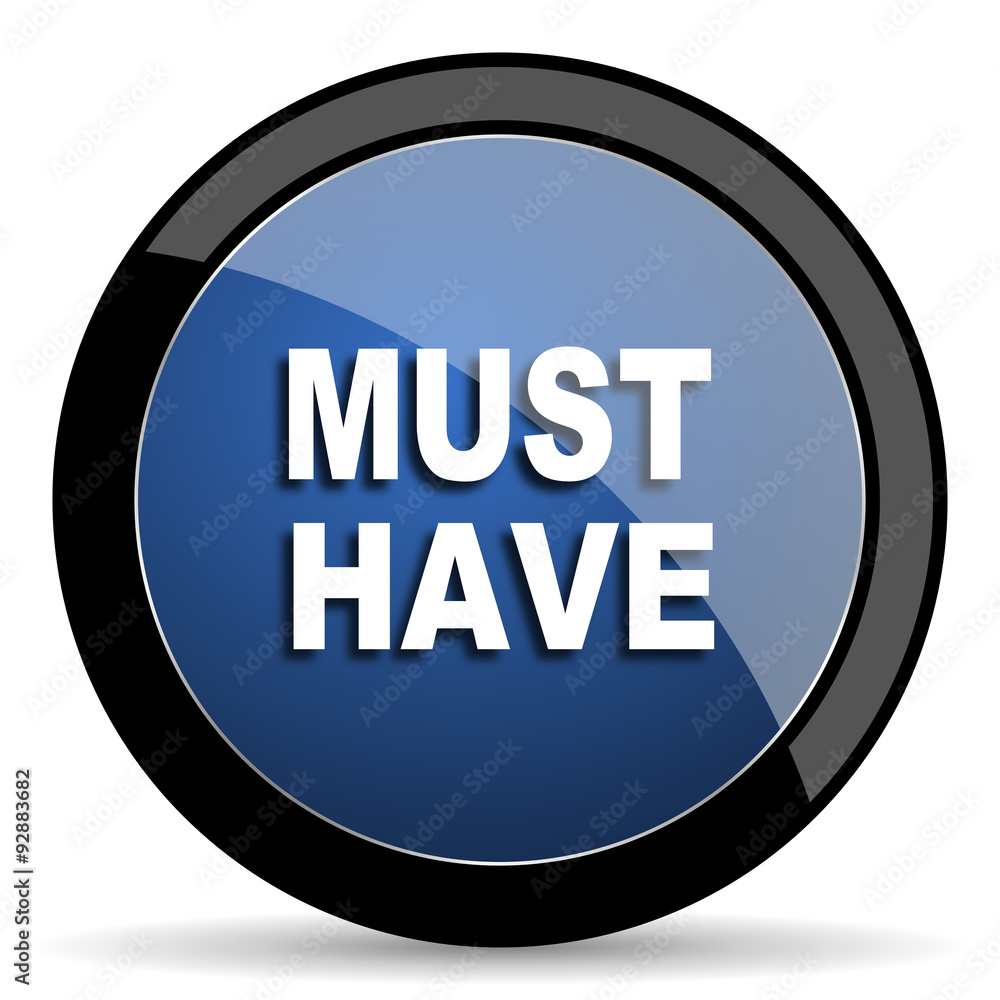 Poster must have blue circle glossy web icon on white background, round button for internet and mobile app