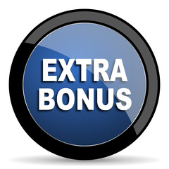 extra bonus blue circle glossy web icon on white background, round button for internet and mobile app