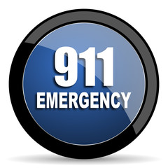 number emergency 911 blue circle glossy web icon on white background, round button for internet and mobile app