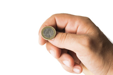 Hand ready to flip coin, concept of Decision. Isolated on white.