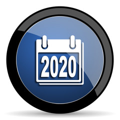 new year 2020 blue circle glossy web icon on white background, round button for internet and mobile app