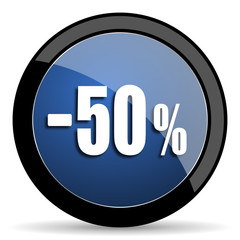 50 percent sale retail blue circle glossy web icon on white background, round button for internet and mobile app
