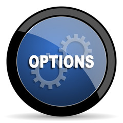 options blue circle glossy web icon on white background, round button for internet and mobile app