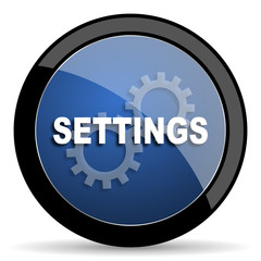 settings blue circle glossy web icon on white background, round button for internet and mobile app