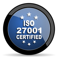 iso 27001 blue circle glossy web icon on white background, round button for internet and mobile app