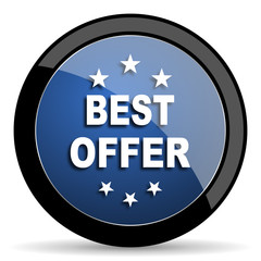 best offer blue circle glossy web icon on white background, round button for internet and mobile app