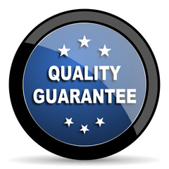 quality guarantee blue circle glossy web icon on white background, round button for internet and mobile app
